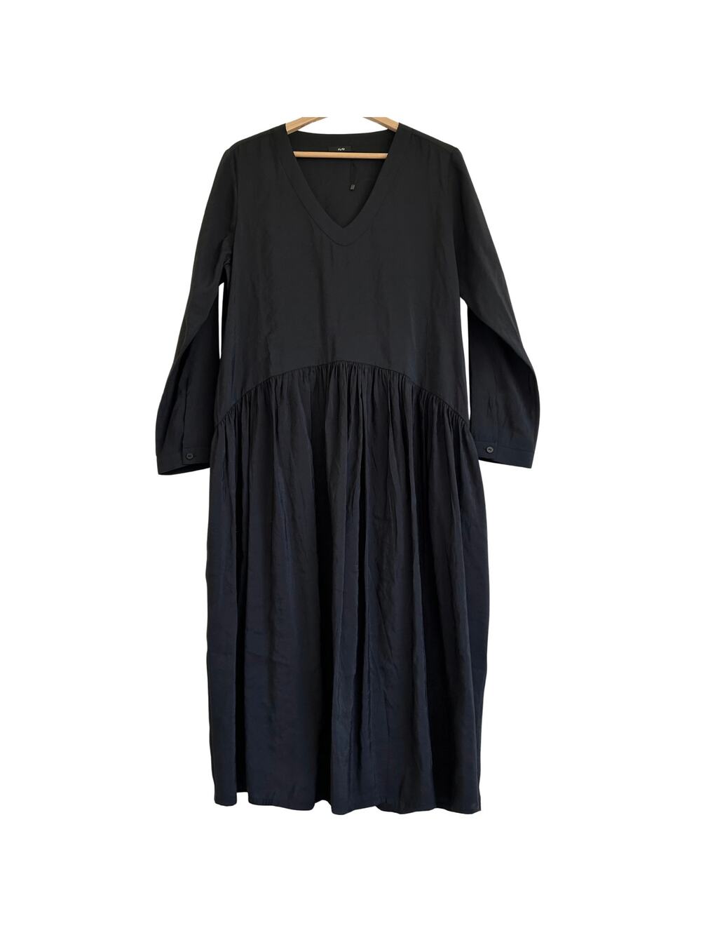 Ruti Black Modal V-Neck Dropped Waist Dress Gathered Skirt Pockets Large